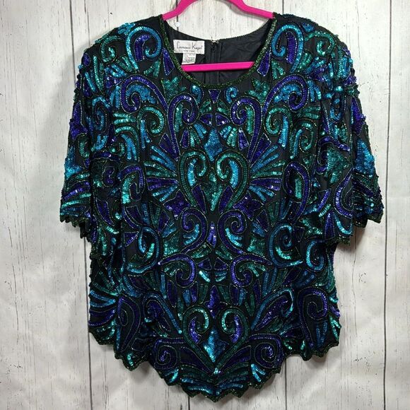 Laurence Kazar Vintage Silk Sequin Top Glam Partywear 3X Holiday Sparkle - Picture 5 of 16